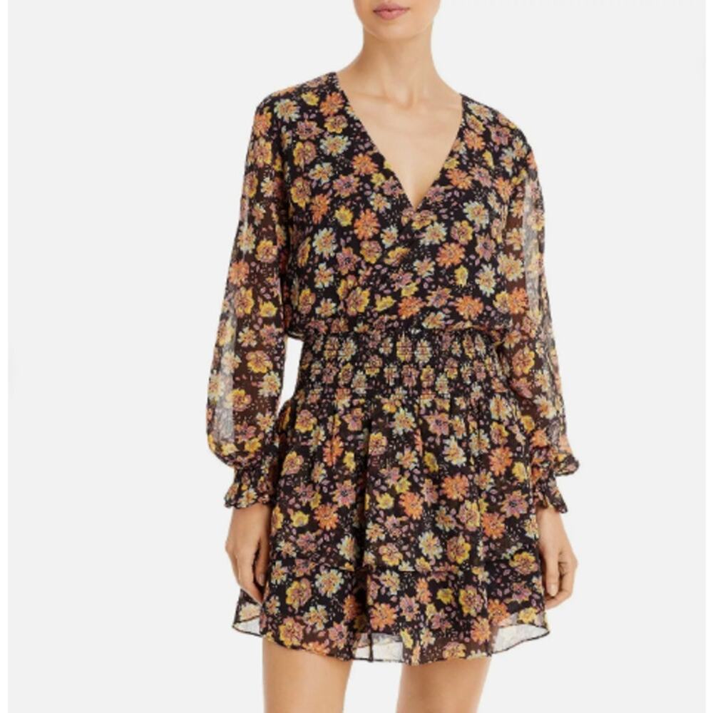 Aqua NEW Chantal Floral Print Dress‎ Multi Color Long Sheer Sleeve Size Medium